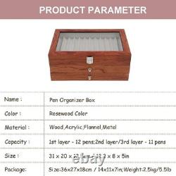 Pen Display Case Fountain 34+ Luxury Rosewood Organizer Storage Drawer Wood Box