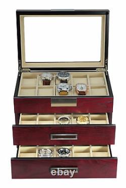 Personalized 30 Watch Cherry Wood Display Case Drawer Storage Box