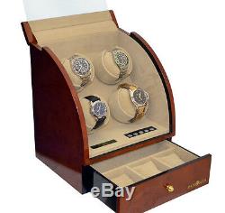 Quad 4 Watch Winder Brown Wood Storage Display Box Case Burlwood by Pangaea Q400