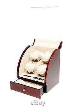 Quad 4 Watch Winder Brown Wood Storage Display Box Case Burlwood by Pangaea Q400