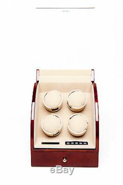 Quad 4 Watch Winder Brown Wood Storage Display Box Case Burlwood by Pangaea Q400