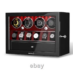 Red Automatic 4 Watch Winder Case With 6 Watches Display Storage Box LED Light