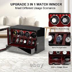 Red Automatic 4 Watch Winder Case With 6 Watches Display Storage Box LED Light