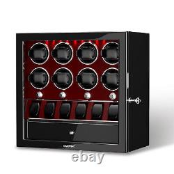 Red Automatic Watch Winder Display Storage Case With Jewellery Drawer LED Light