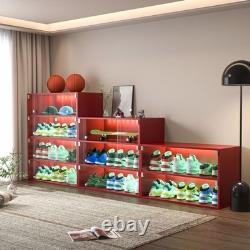 Red LED Shoe Display Case Glass Door Sneaker Storage Cabinet