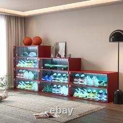 Red LED Shoe Display Case Glass Door Sneaker Storage Cabinet