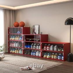Red LED Shoe Display Case Glass Door Sneaker Storage Cabinet
