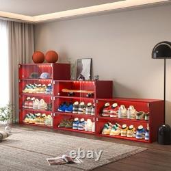 Red LED Shoe Display Case Glass Door Sneaker Storage Cabinet
