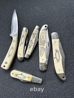 Schrade Crimshaw USA Knife lot of 6 with store display case