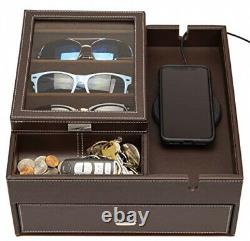 Sunglasses Organizer Storage Display Case Dresser Valet Box Charging Slot Brown