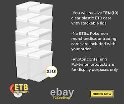 TEN (10) Pokemon ETB Display Cases Stackable Lids Hard Plastic Storage