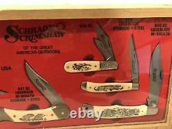 VTG Schrade Scrimshaw 7 knife stand up Store Display Case 1980s GREAT AMERICAN