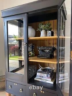 Vintage Black Wood Glass Display Curio Storage Cabinet Book Case