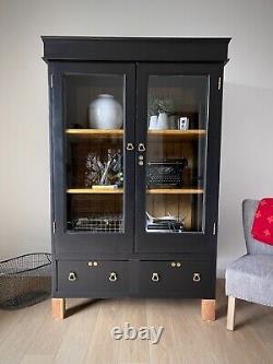 Vintage Black Wood Glass Display Curio Storage Cabinet Book Case