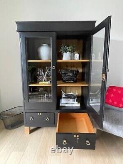 Vintage Black Wood Glass Display Curio Storage Cabinet Book Case