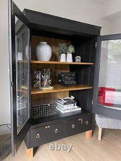 Vintage Black Wood Glass Display Curio Storage Cabinet Book Case