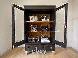 Vintage Black Wood Glass Display Curio Storage Cabinet Book Case