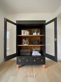 Vintage Black Wood Glass Display Curio Storage Cabinet Book Case