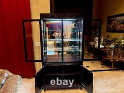 Vintage Dark Wood Glass Mirrored Lighted Display Case Glass W Extra Storage