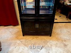 Vintage Dark Wood Glass Mirrored Lighted Display Case Glass W Extra Storage