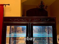 Vintage Dark Wood Glass Mirrored Lighted Display Case Glass W Extra Storage