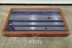 Vintage Wooden Display Case Glass Top Blue Velvet Travel Storage Box