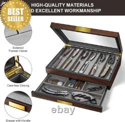 Walnut 2-Tier Knife Display Case with Drawer Real Glass Top Knife Storage Walnut 2-Tier Knife Display Case with Drawer Real Glass Top Knife Storage