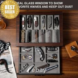 Walnut 2-Tier Knife Display Case with Drawer Real Glass Top Knife Storage