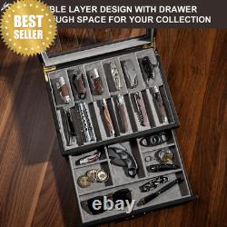 Walnut 2-Tier Knife Display Case with Drawer Real Glass Top Knife Storage Walnut 2-Tier Knife Display Case with Drawer Real Glass Top Knife Storage