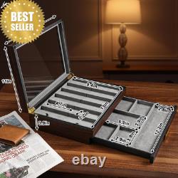 Walnut 2-Tier Knife Display Case with Drawer Real Glass Top Knife Storage