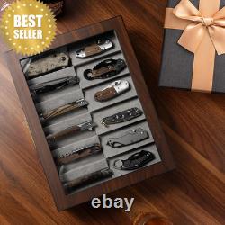 Walnut 2-Tier Knife Display Case with Drawer Real Glass Top Knife Storage