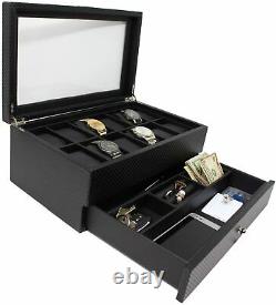 Watch Box Display Case Organizer For Men 12-Slot Valet Drawer Black Carbon Fiber