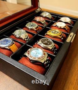 Watch Display Case 10 Slot Black & Red Suede Organizer Storage Glass Lid Men Box