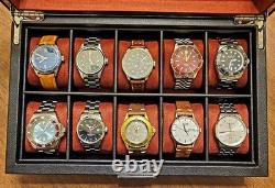 Watch Display Case 10 Slot Black & Red Suede Organizer Storage Glass Lid Men Box