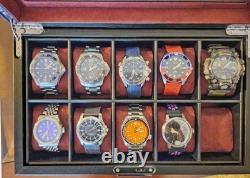 Watch Display Case 10 Slot Black & Red Suede Organizer Storage Glass Lid Men Box