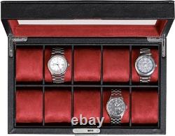 Watch Display Case 10 Slot Black & Red Suede Organizer Storage Glass Lid Men Box