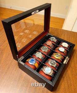 Watch Display Case 10 Slot Black & Red Suede Organizer Storage Glass Lid Men Box