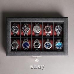 Watch Display Case 10 Slot Black & Red Suede Organizer Storage Glass Lid Men Box