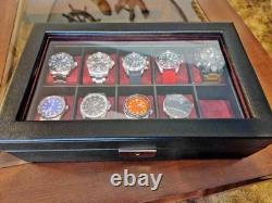 Watch Display Case 10 Slot Black & Red Suede Organizer Storage Glass Lid Men Box
