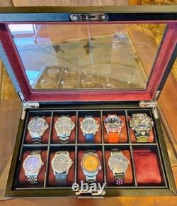 Watch Display Case 10 Slot Black & Red Suede Organizer Storage Glass Lid Men Box