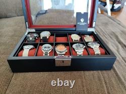 Watch Display Case 10 Slot Black & Red Suede Organizer Storage Glass Lid Men Box
