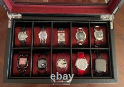 Watch Display Case 10 Slot Black & Red Suede Organizer Storage Glass Lid Men Box