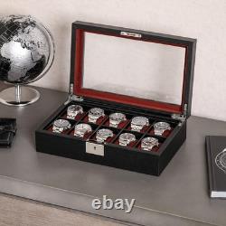 Watch Display Case 10 Slot Black & Red Suede Organizer Storage Glass Lid Men Box