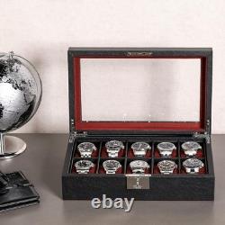 Watch Display Case 10 Slot Black & Red Suede Organizer Storage Glass Lid Men Box