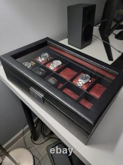 Watch Display Case 10 Slot Black & Red Suede Organizer Storage Glass Lid Men Box