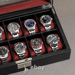 Watch Display Case 10 Slot Black & Red Suede Organizer Storage Glass Lid Men Box