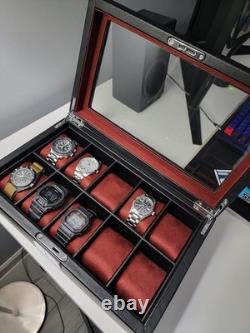 Watch Display Case 10 Slot Black & Red Suede Organizer Storage Glass Lid Men Box