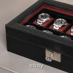 Watch Display Case 10 Slot Black & Red Suede Organizer Storage Glass Lid Men Box