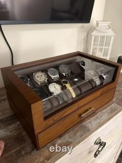 Watch Display Case Luxury 12 Slot Walnut Wood & Leather Organizer Storage Box