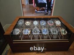 Watch Display Case Luxury 12 Slot Walnut Wood & Leather Organizer Storage Box